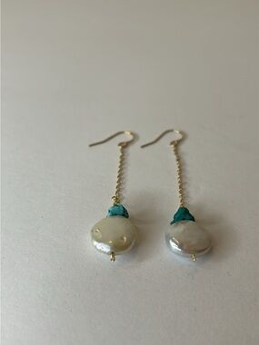 Gold Chain Pearl Drop Earrings with Turquoise Accent